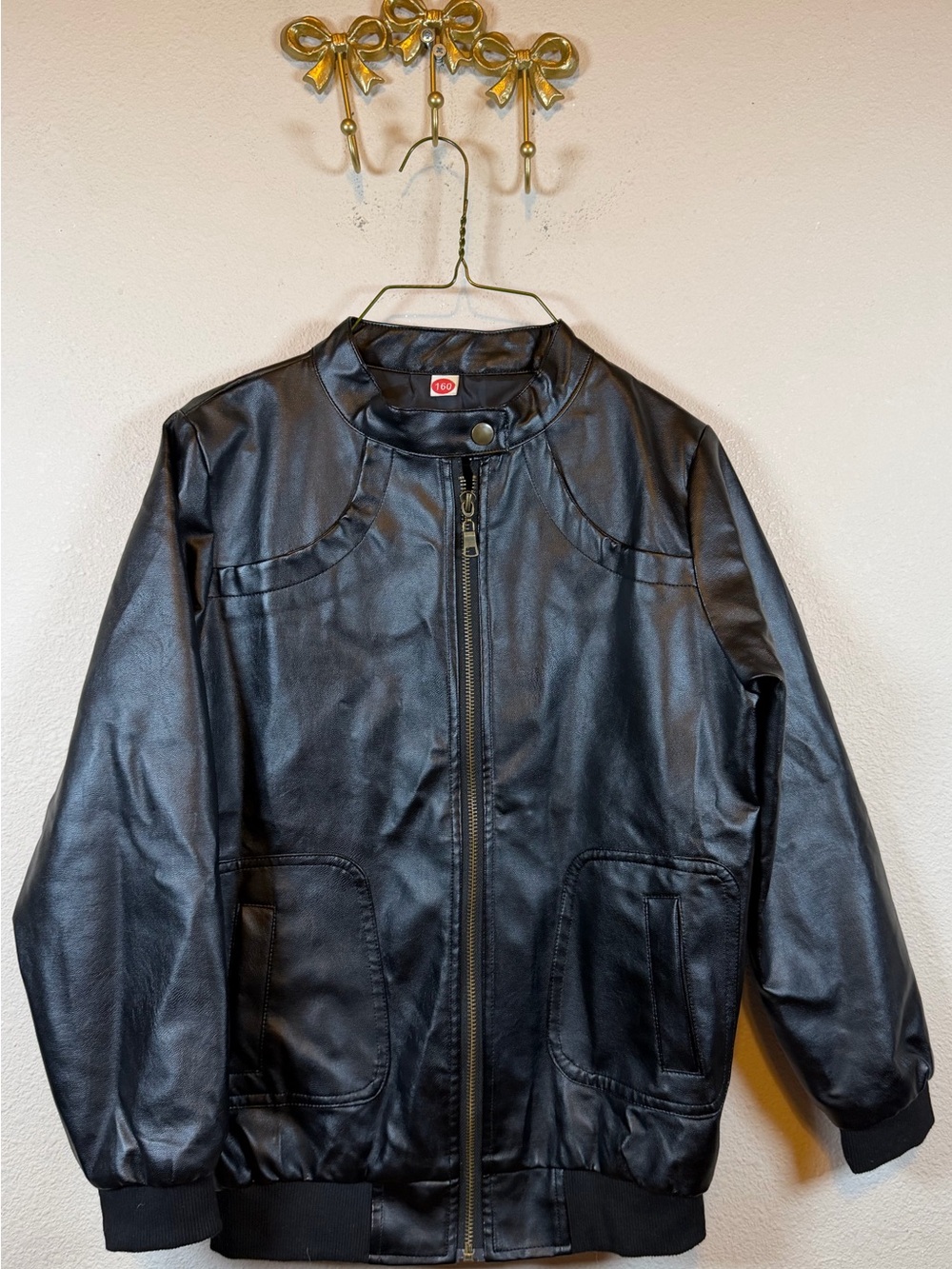 Kids Chinaface Black Faux Leather Bomber Jacket -Asian/International. Size 14/16